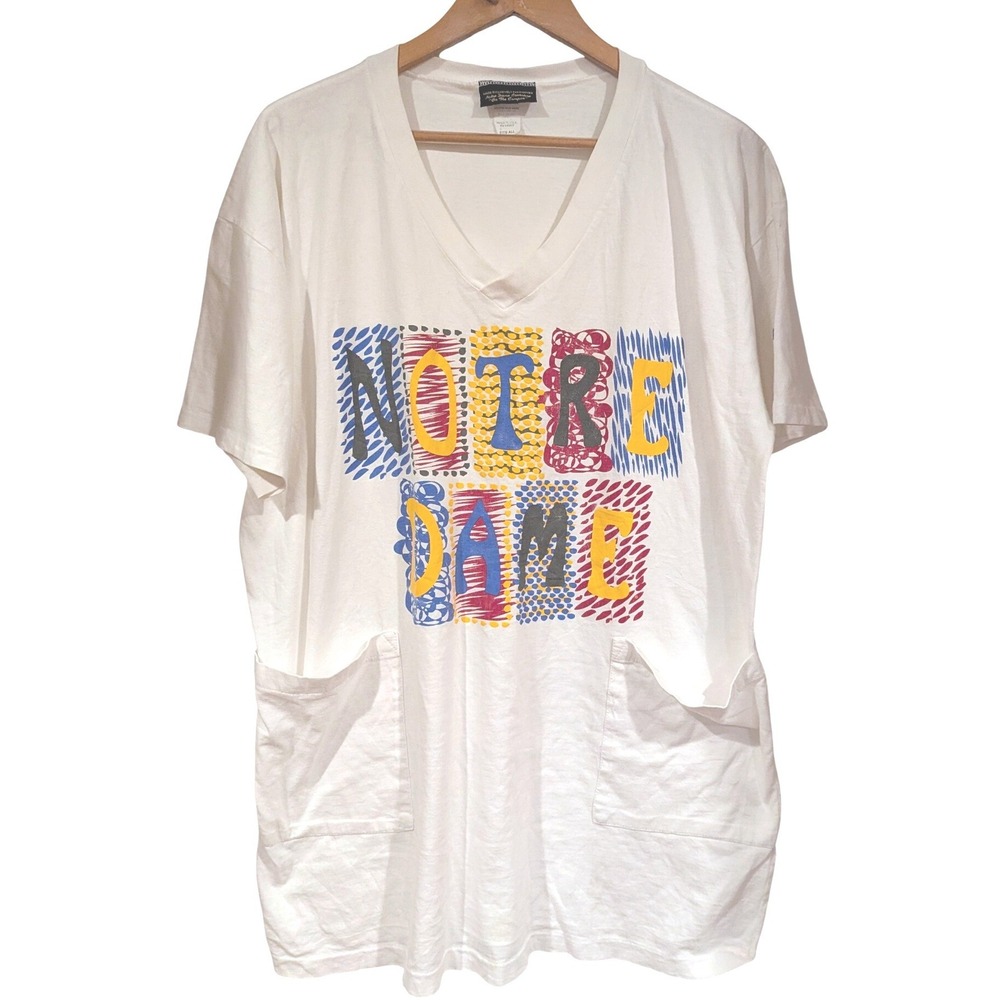 The Cotton Exchange Notre Dame T-Shirt Fits All White V-Neck Pocket Vintage‎ 90s
